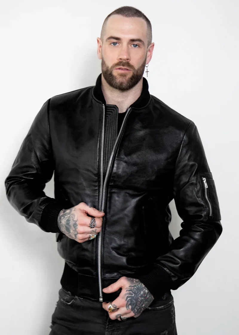 black diesel leather bomber jacket men