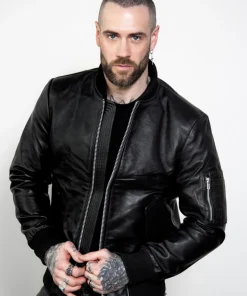 mens black classic rapper leather bomber jacket