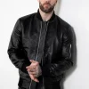 mens black leather bomber hoodie jacket