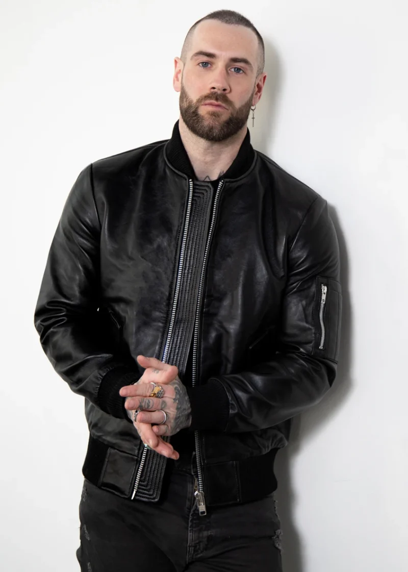 mens black leather bomber hoodie jacket