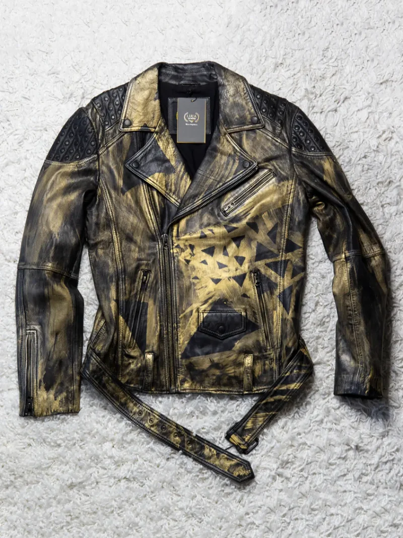 hand-painted gold triangle designer real leather jacket