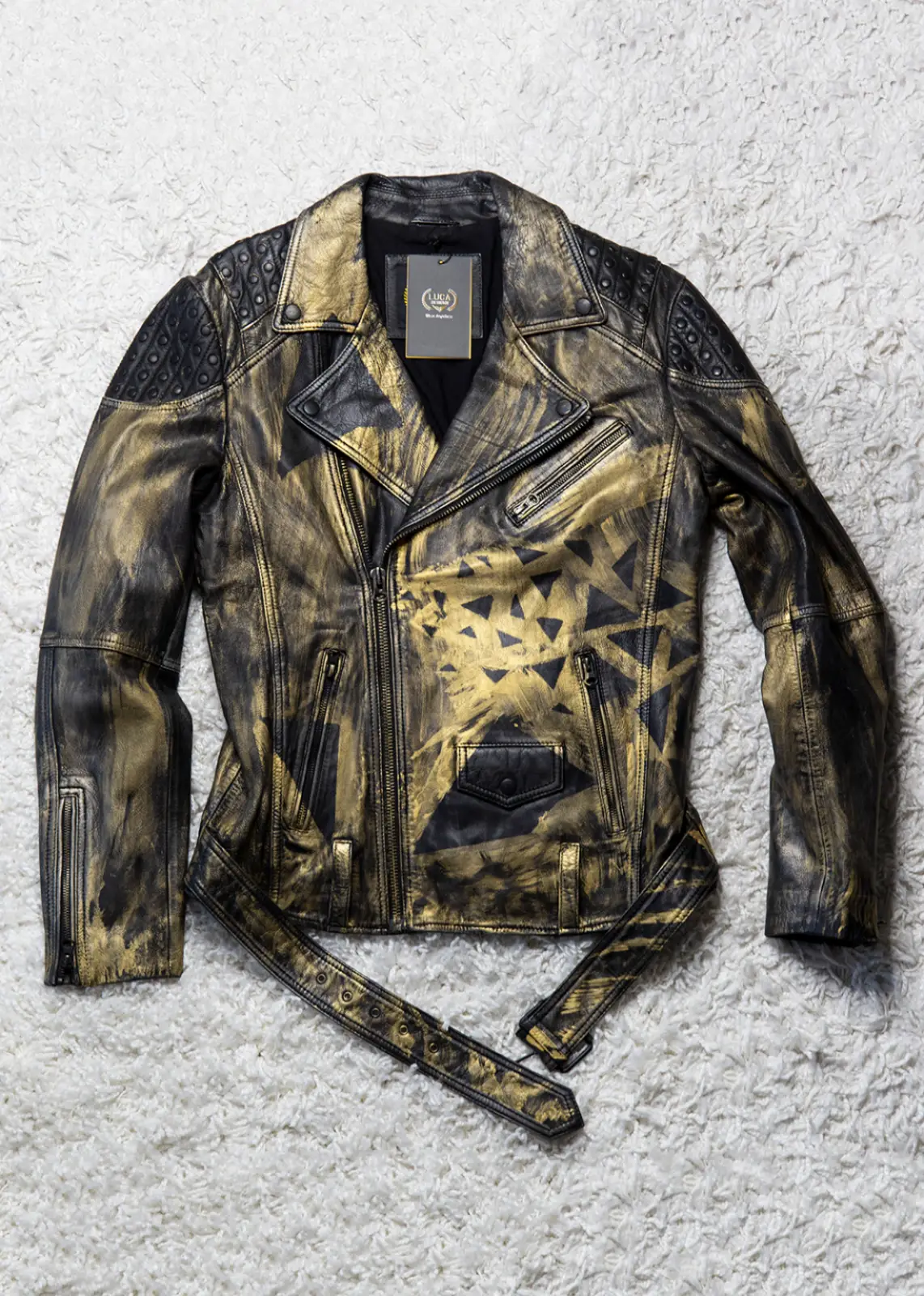 Weigering resterend Pat Buy Mens Hand-painted Gold Polygons Studded Motorcycle Leather Jacket