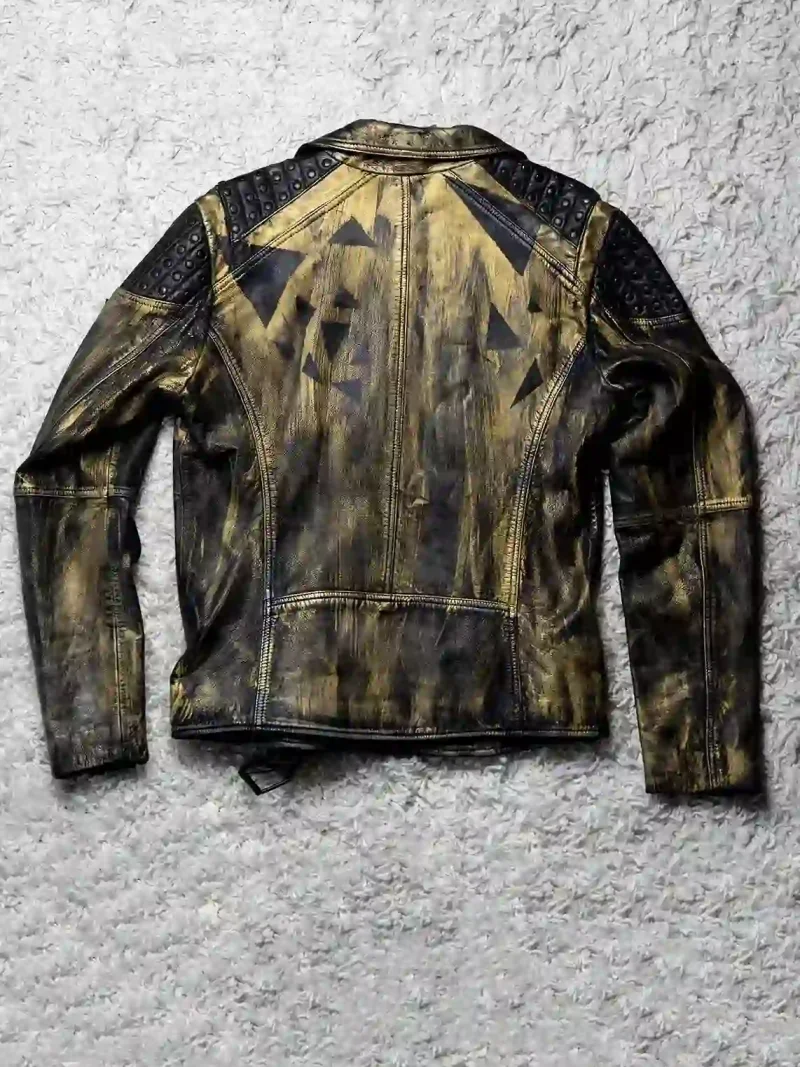 Mens Hand-painted Black Gold Studded Moto Leather Jacket - Polygons