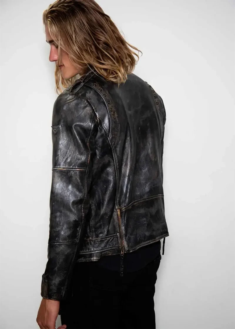 Mens Hand-Painted Bronze Zippered Leather Jacket