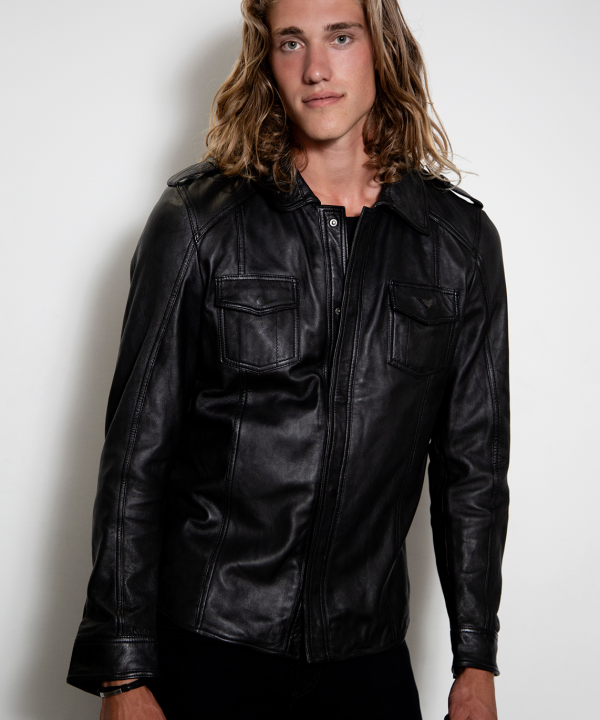 black militay real leather shirt with pockets