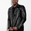 black quilted genuine leather moto jacket for mens