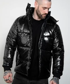 Black Shiny Puffer Jacket Mens with Hood