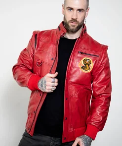 mens cobra kai red leather jacket