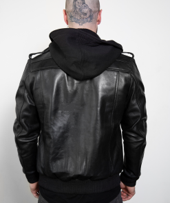 black hooded biker leather jacket for mens