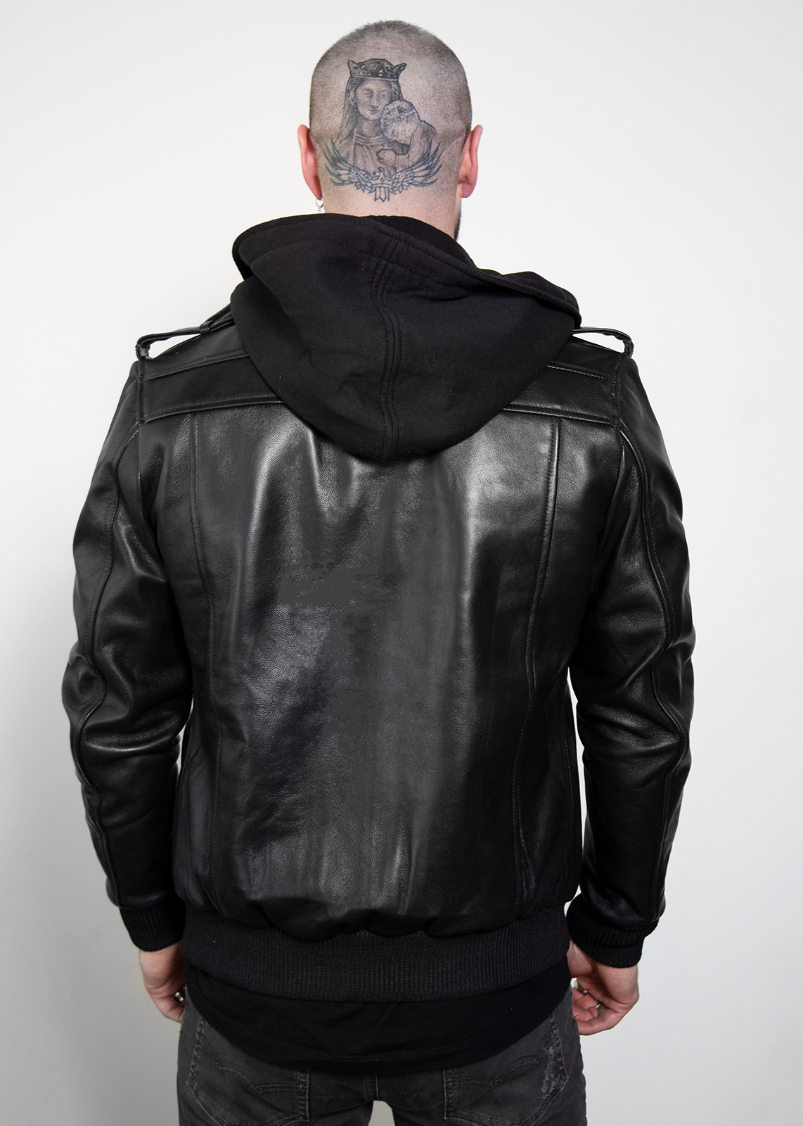 black hooded biker leather jacket for mens