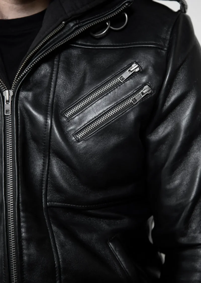 mens black genuine leather biker jacket with hood