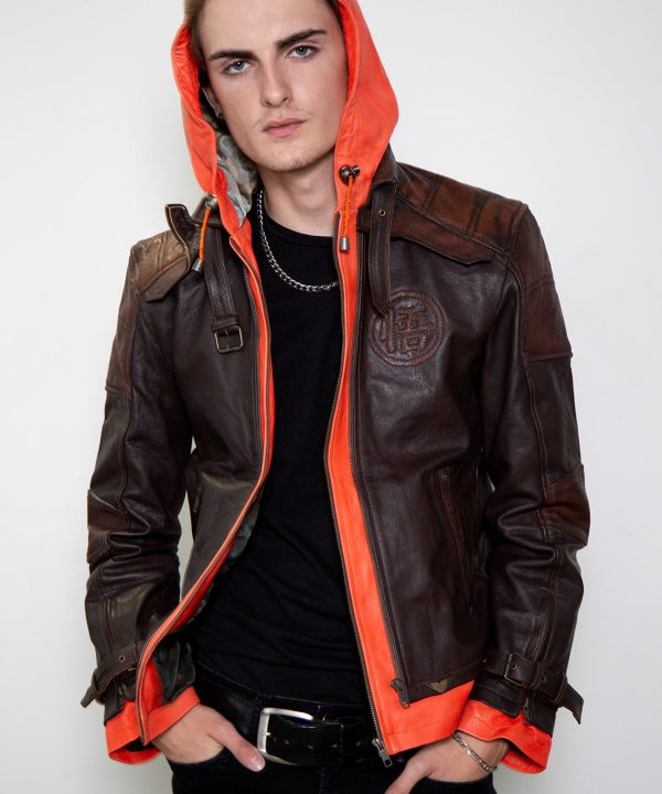 goku kanji dbz leather jacket orange hood kakarot