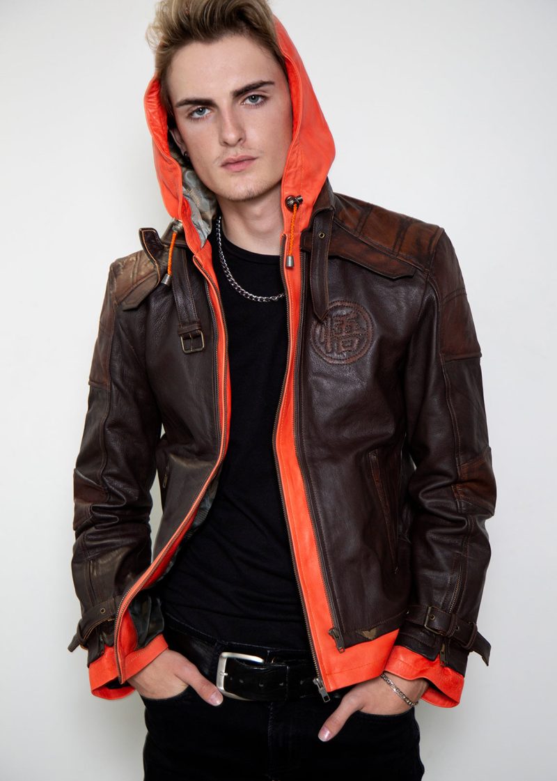 goku kanji dbz leather jacket orange hood kakarot