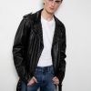 black moto leather jacket with studded collar