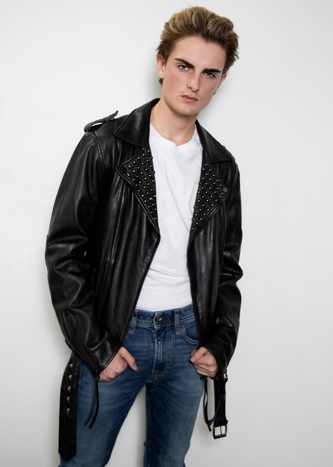 black moto leather jacket with studded collar