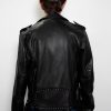 black rocker real leather jacket studded lapel collar
