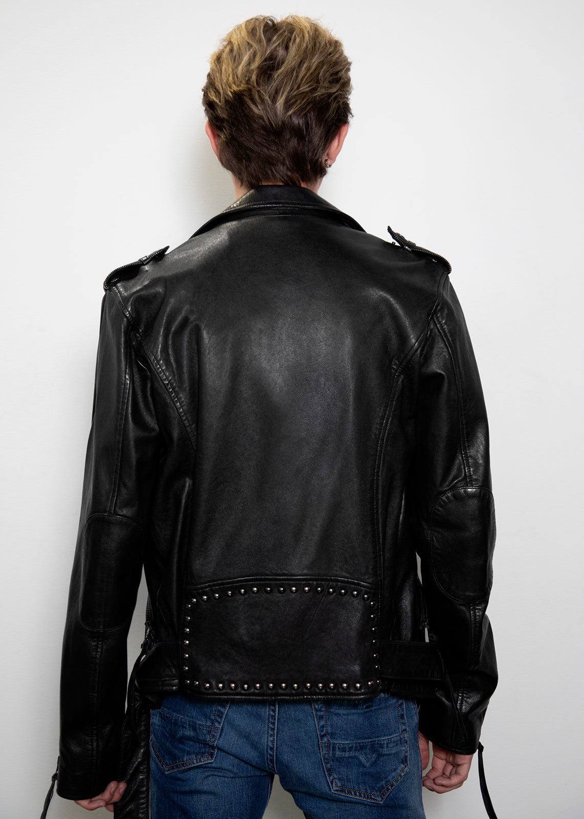 black rocker real leather jacket studded lapel collar