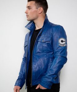 future trunks blue leather jacket capsule corp badge dragon ball z