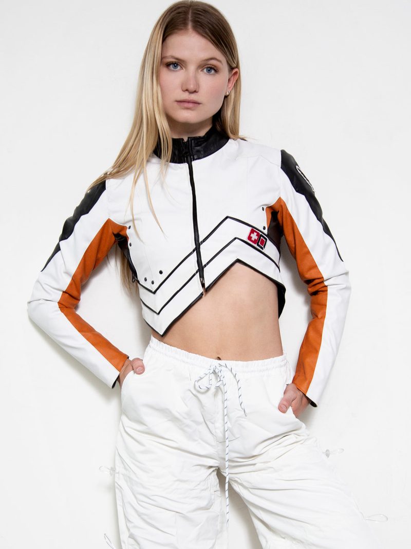 mercy overwatch 2 crop top real leather jacket white orange