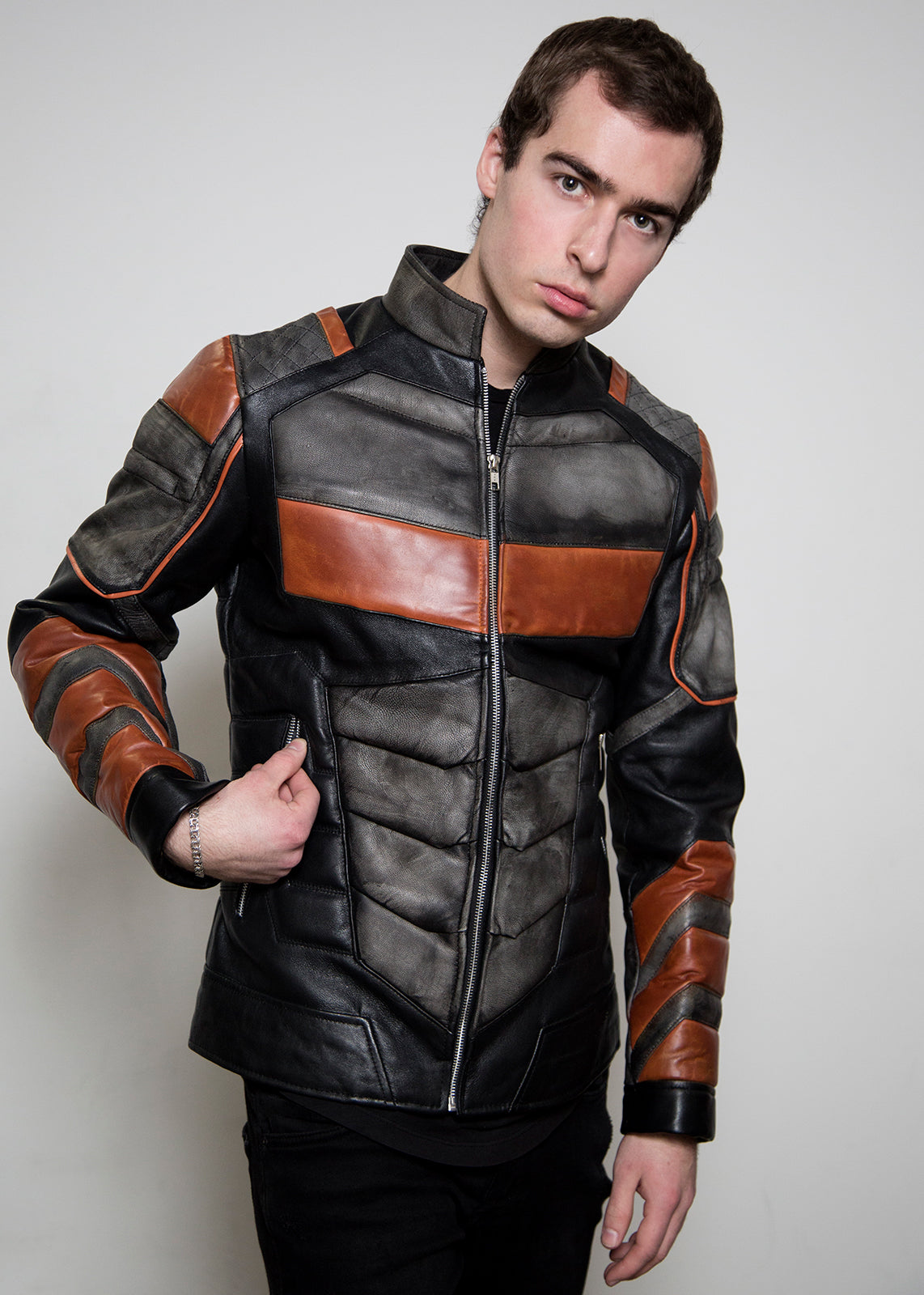 mens deathstroke armored moto orange leather jacket