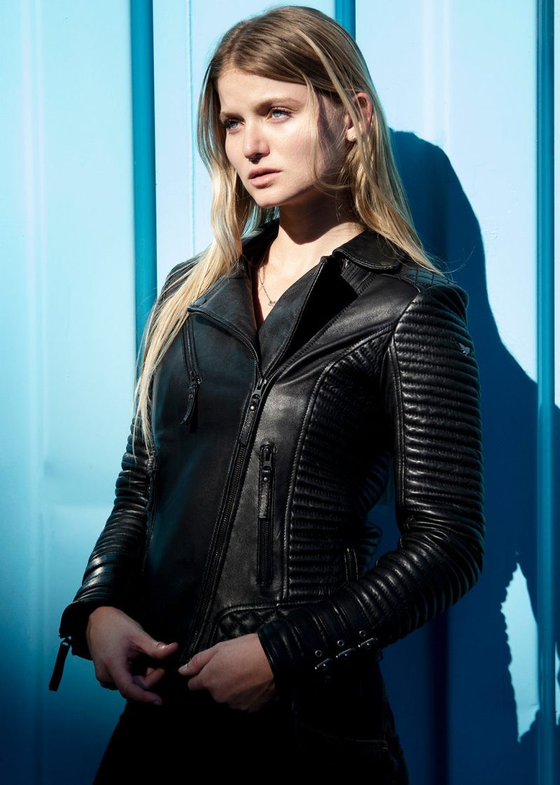 Women's Black Leather Jacket With Gunmetal Zipper 