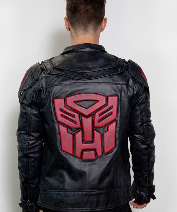 transformers optimus prime blak leather jacket red shield logo