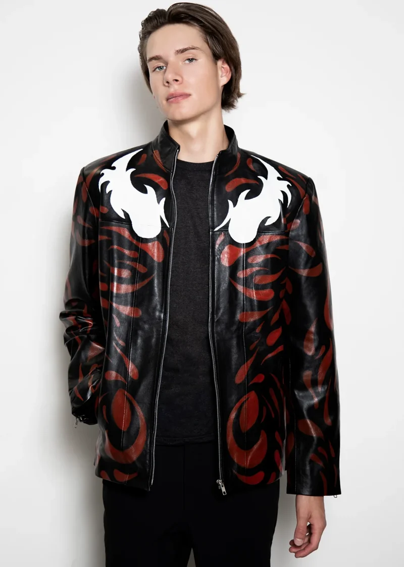 venom let there be carnage movie red and black motorcycle leather jacket