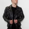 black metal leather jacket studded shoulders biker