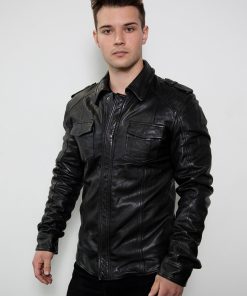 black leather shirt draco nero real leather