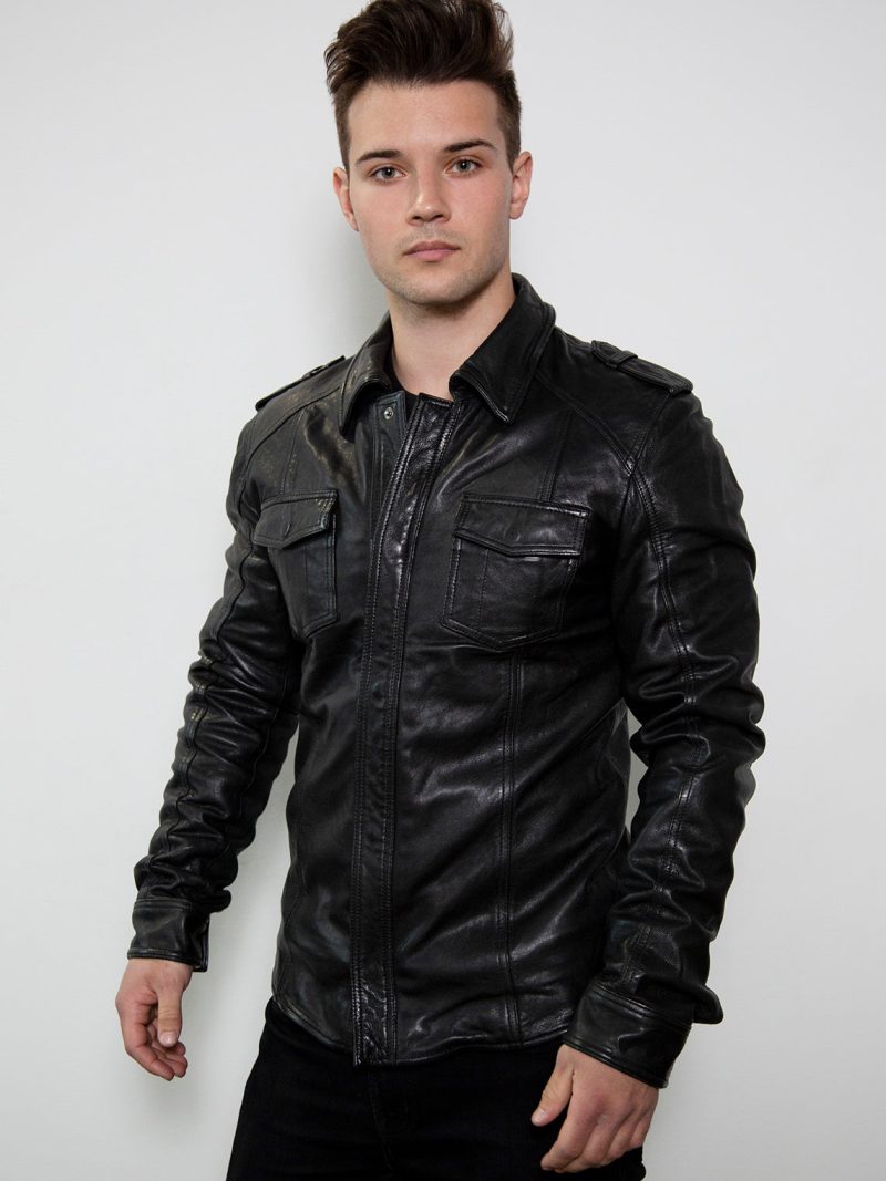 black leather shirt draco nero real leather