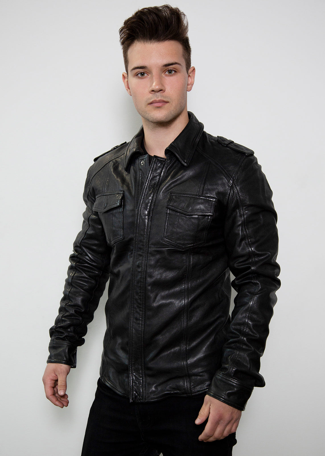 black leather shirt draco nero real leather