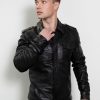 black genuine leather button up shirt