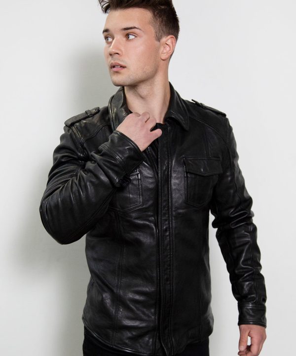 black genuine leather button up shirt
