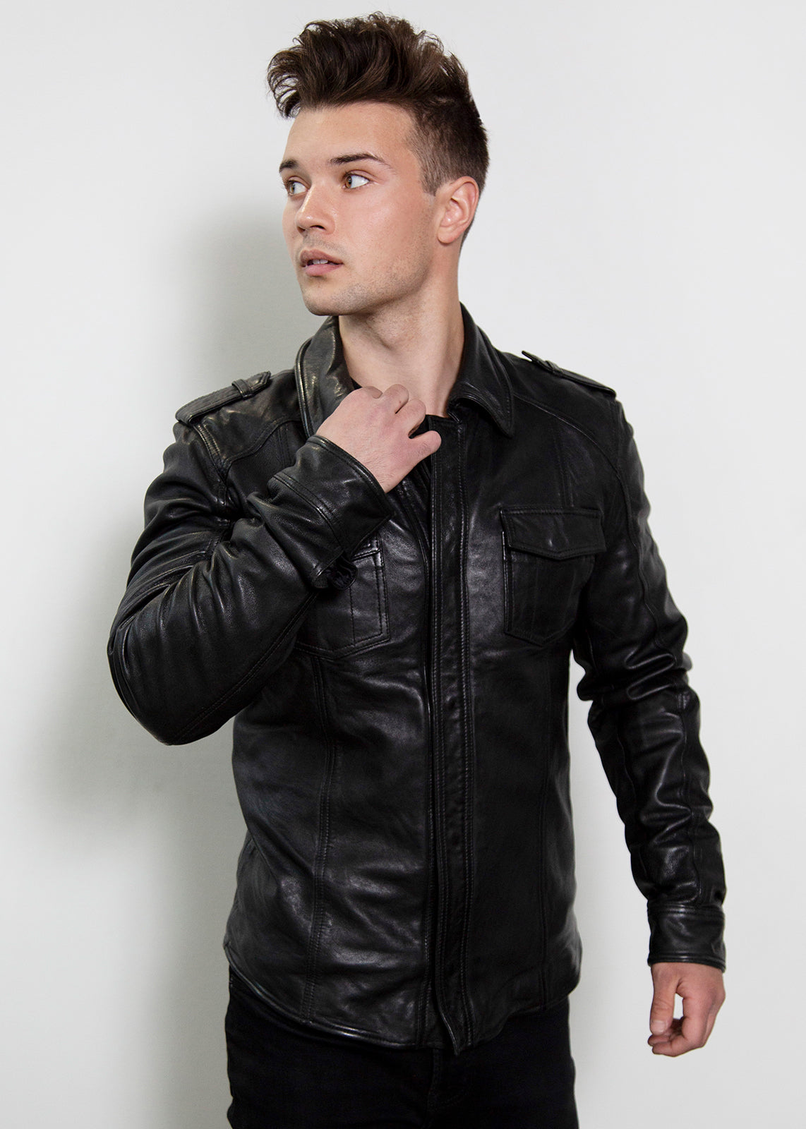 black genuine leather button up shirt