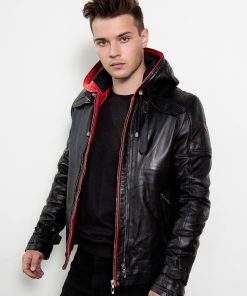 dark red hood leather jacket hoodie arkham game