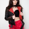 Womens Fashion Leather Jacket Black Red Contrast