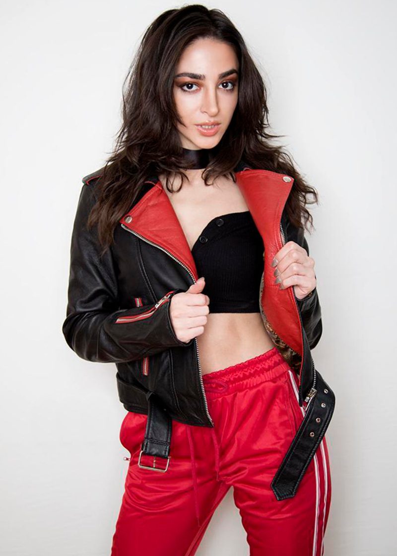 Womens Fashion Leather Jacket Black Red Contrast