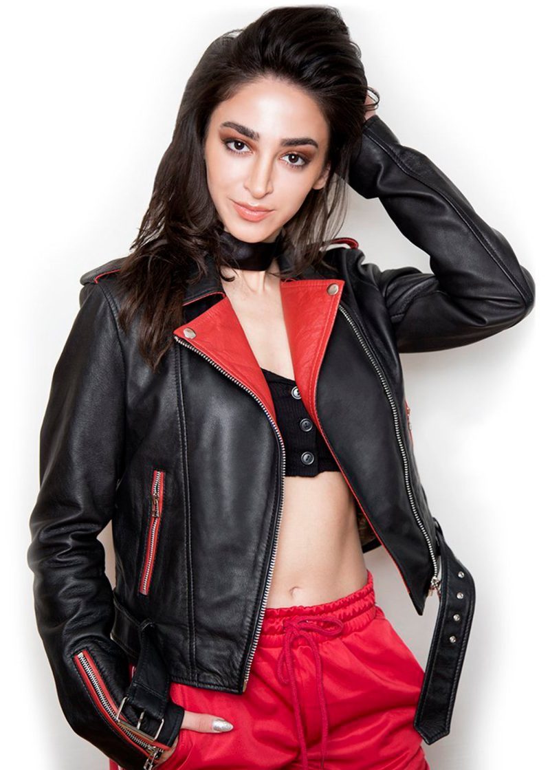 Womens Fashion Leather Jacket Black Red Contrast