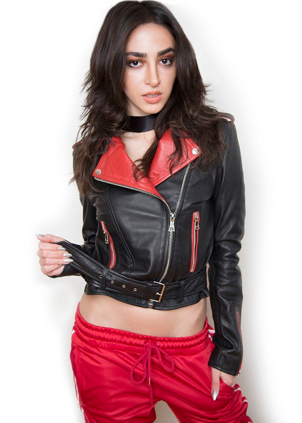 Womens Fashion Leather Jacket Black Red Contrast