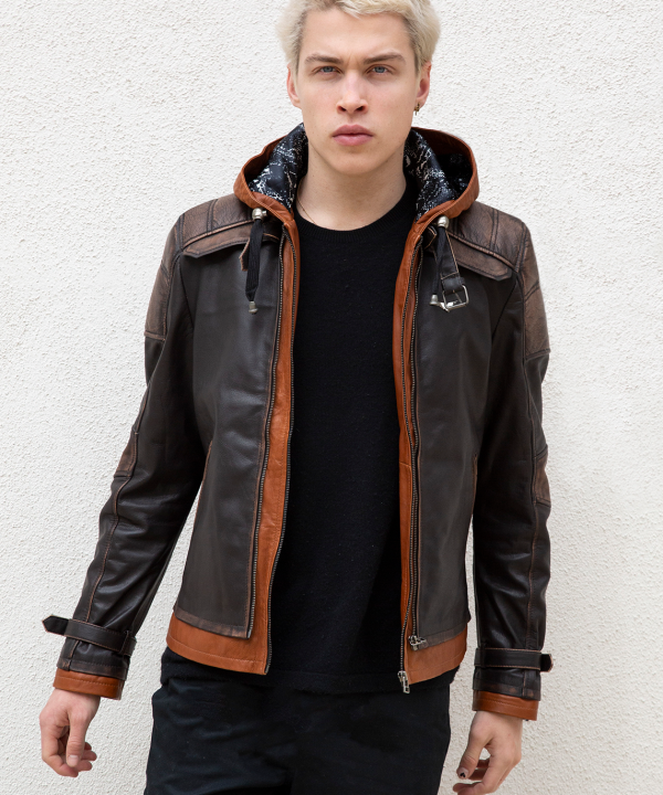 Mens Arkham Knight Jason Todd Brown Hood Leather Jacket