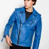 blue quilted motorcycle genuine leather jacket for mens