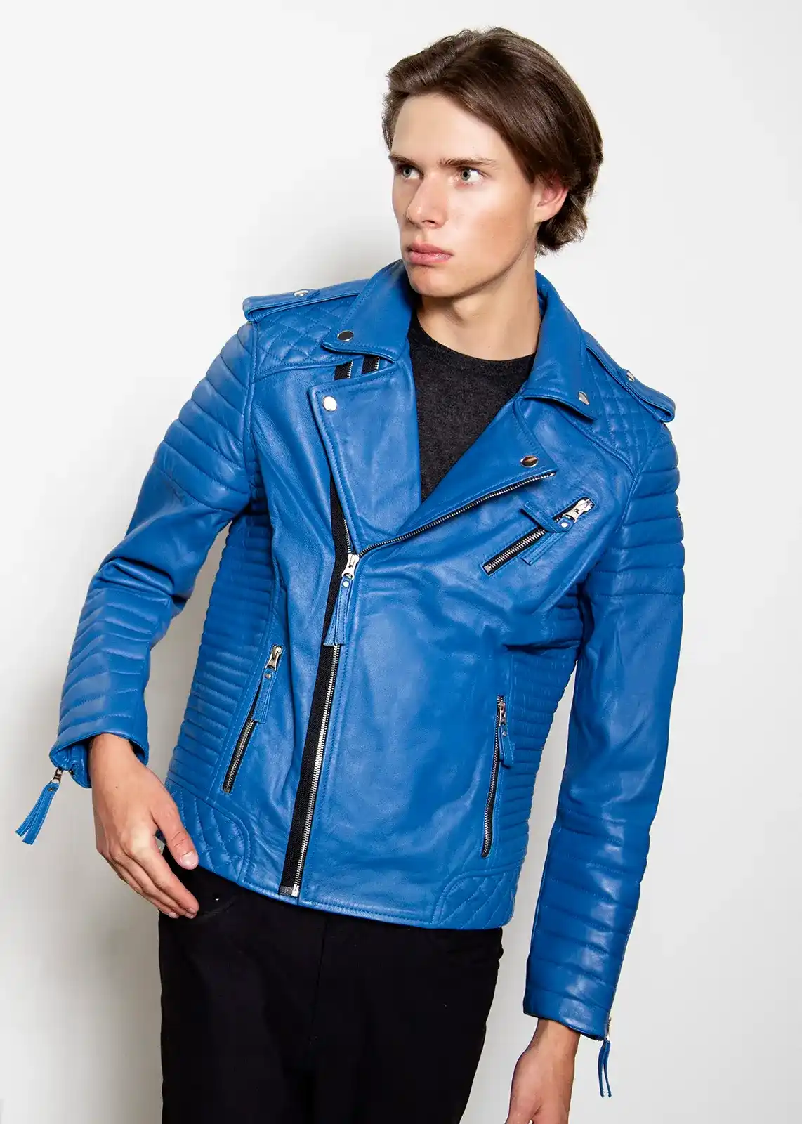 blue quilted motorcycle genuine leather jacket for mens