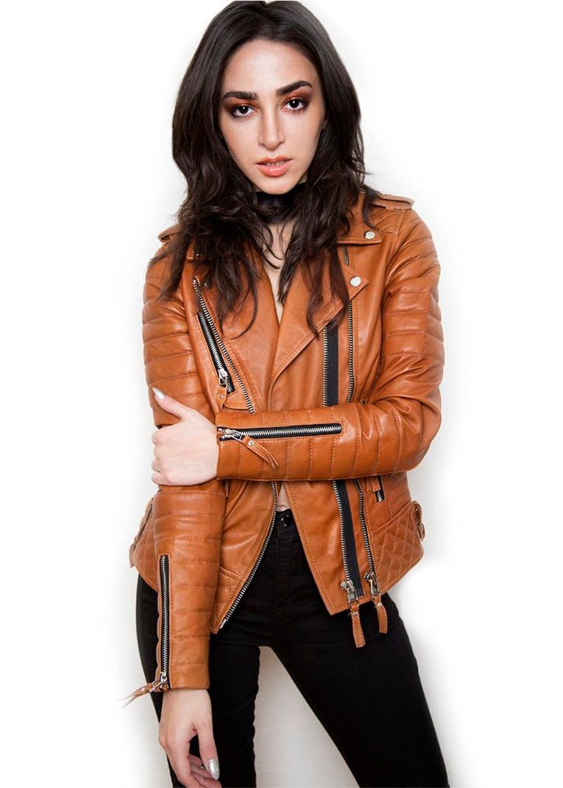 Womens Quilted Leather Motorcycle Jacket Light Brown
