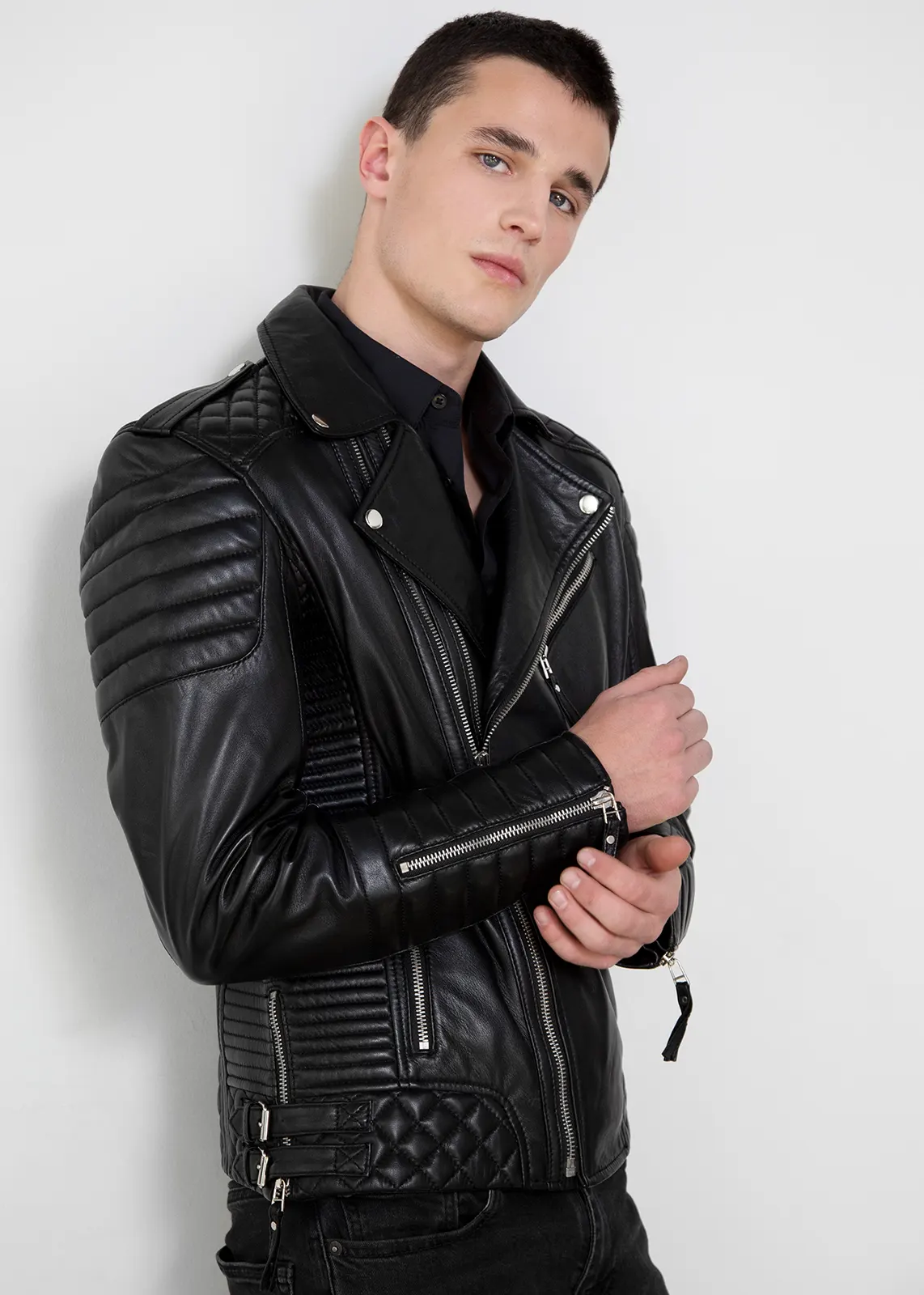 black biker real leather jacket moto