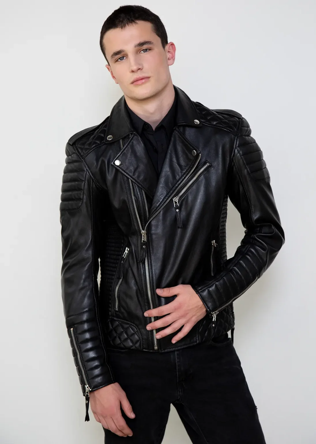 Buy Mens Quilted Black Leather Motorcycle Jacket | LucaJackets