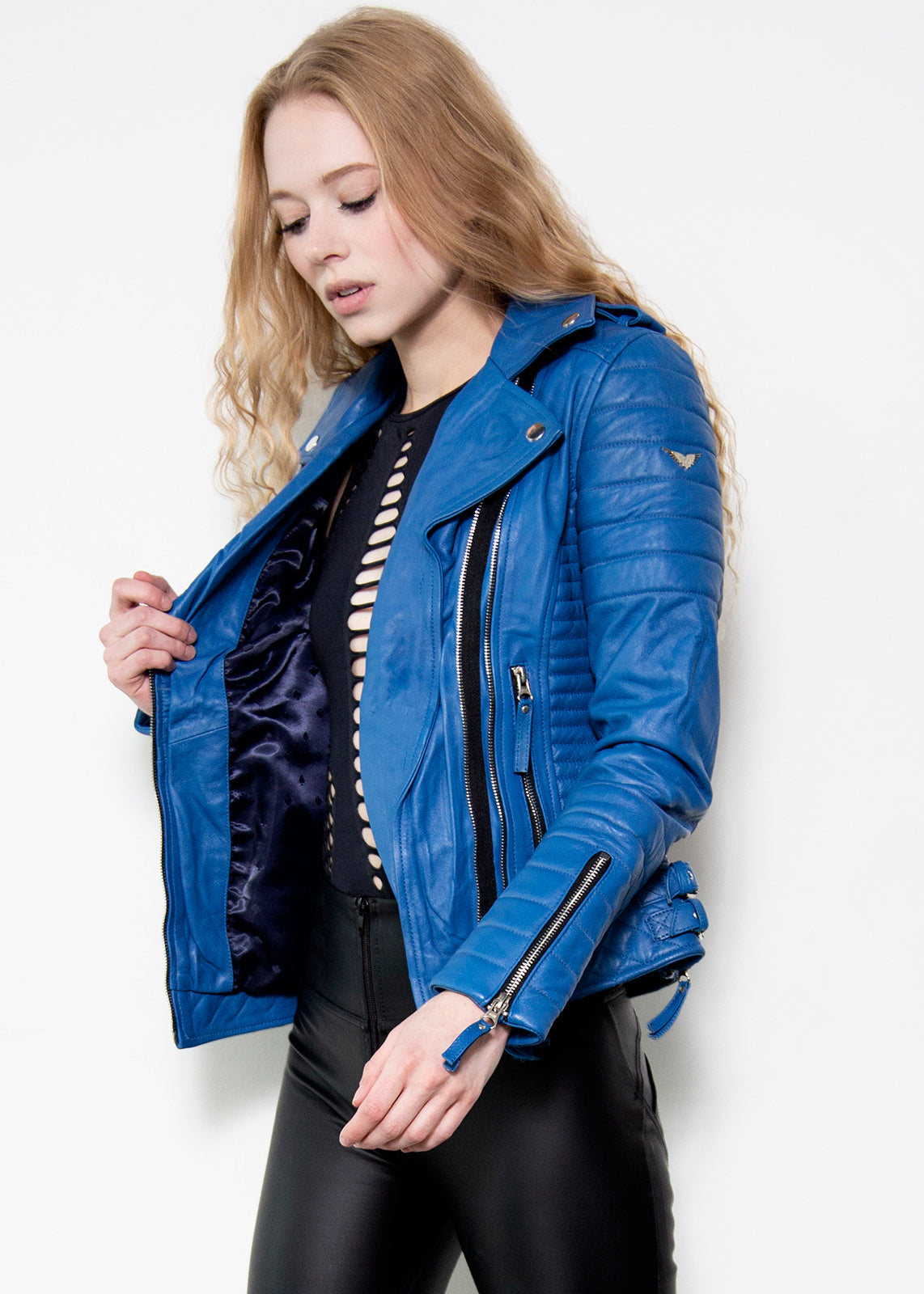 biker womens leather jacket blue quilted