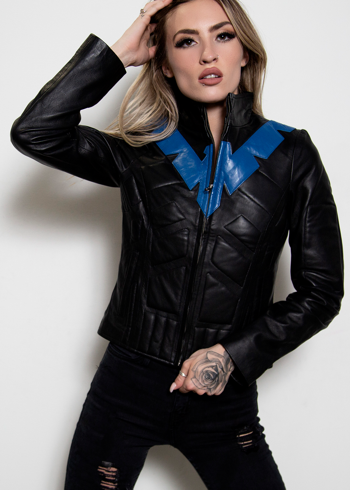 nightwing batman black motorcycle leather jacket blue eagle