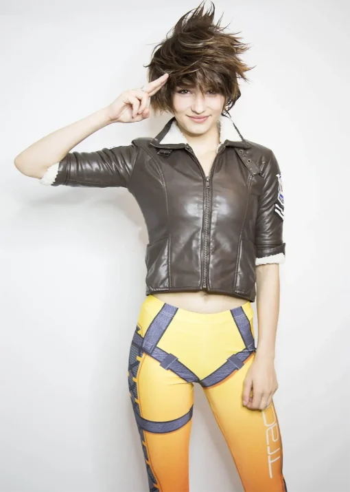 Womens Overwatch Tracer Jacket Brown Leather White Fur Lining