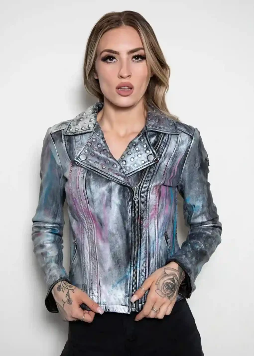 Womens Hand-painted Metallic Color Splash Leather Jacket
