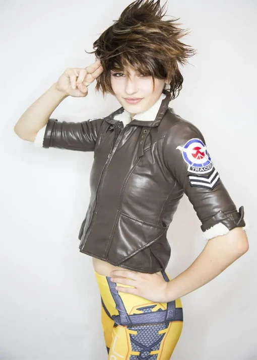 Womens Overwatch Tracer Jacket Brown Leather White Fur Lining